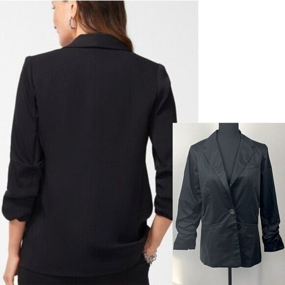 XCVI Black Blazer 3/4 Ruched Sleeves Single-Button Collar Pocket Cotton Jacket S - Picture 1 of 12